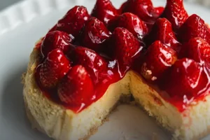 Torta de cheesecake cremosa con cobertura de mermelada de frutos rojos, fresas y arándanos frescos sobre una base de galleta en Panadería El Molino.