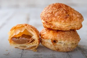 Glorias de arequipe artesanales en masa de hojaldre azucarada, mostrando su abundante relleno cremoso, elaboradas en Panadería El Molino, Cali.