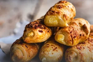 Canasta de mimbre llena de palitos de queso hojaldrados y dorados sobre una mesa de madera en Panadería El Molino, Cali.