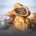 Pastel de carne tradicional, masa de hojaldre dorada y crujiente con relleno salado, horneado en Panadería El Molino, Cali.