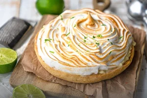 Pie de limón entero artesanal coronado con abundante merengue tostado y ralladura de limón fresco, sobre una tabla rústica en Panadería El Molino, Cali.