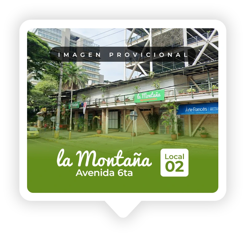Tarjeta de ubicación con la fachada de la sede La Montaña en la Avenida 6ta de Panadería El Molino, Cali.