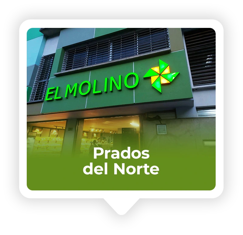 Tarjeta de ubicación con la fachada de la sede de Panadería El Molino en el barrio Prados del Norte, Cali.