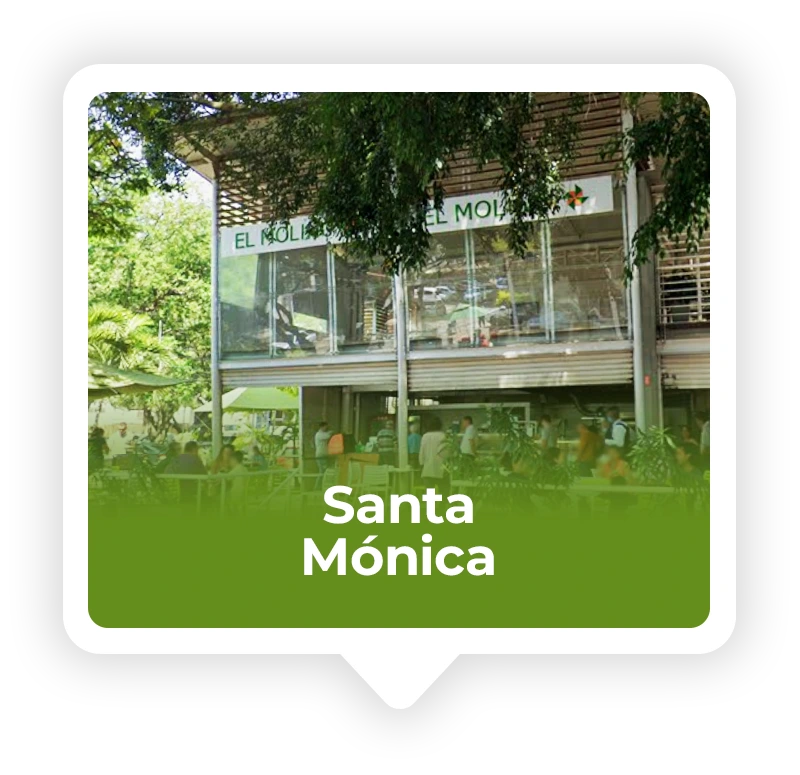Tarjeta de ubicación con la fachada de la sede de Panadería El Molino en el barrio Santa Mónica, Cali.